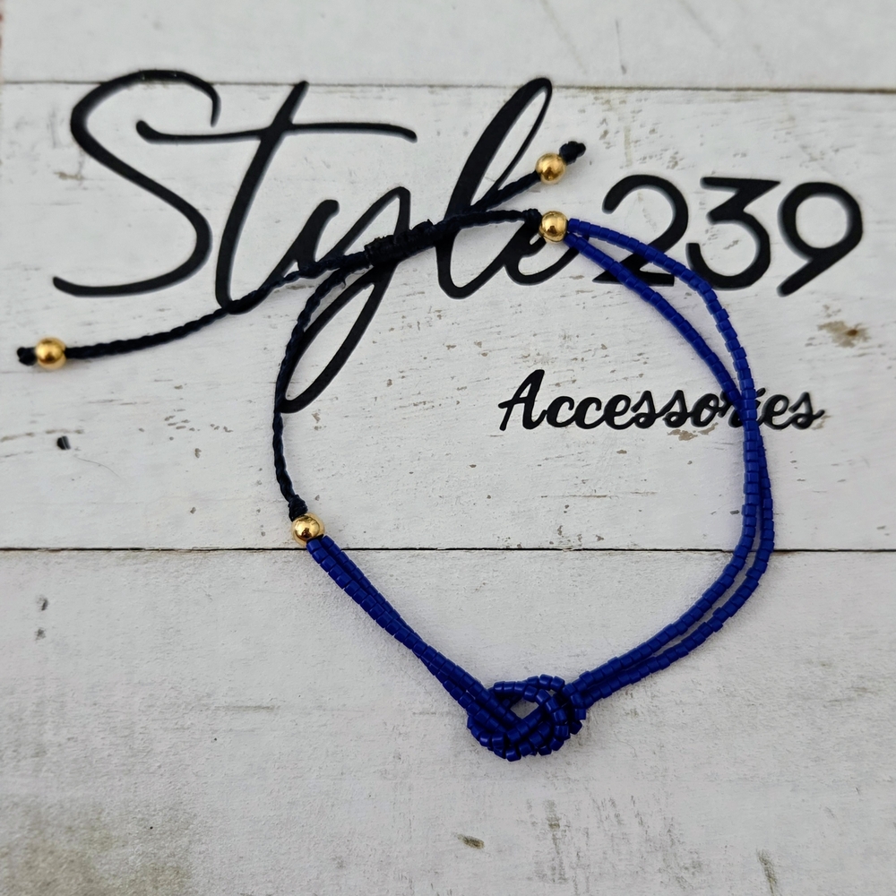 Miyuki Blue Knot Cord Adjustable Bracelet with Gold Beads